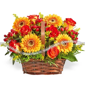 Legends of the Fall - a basket of orange roses and gerberas